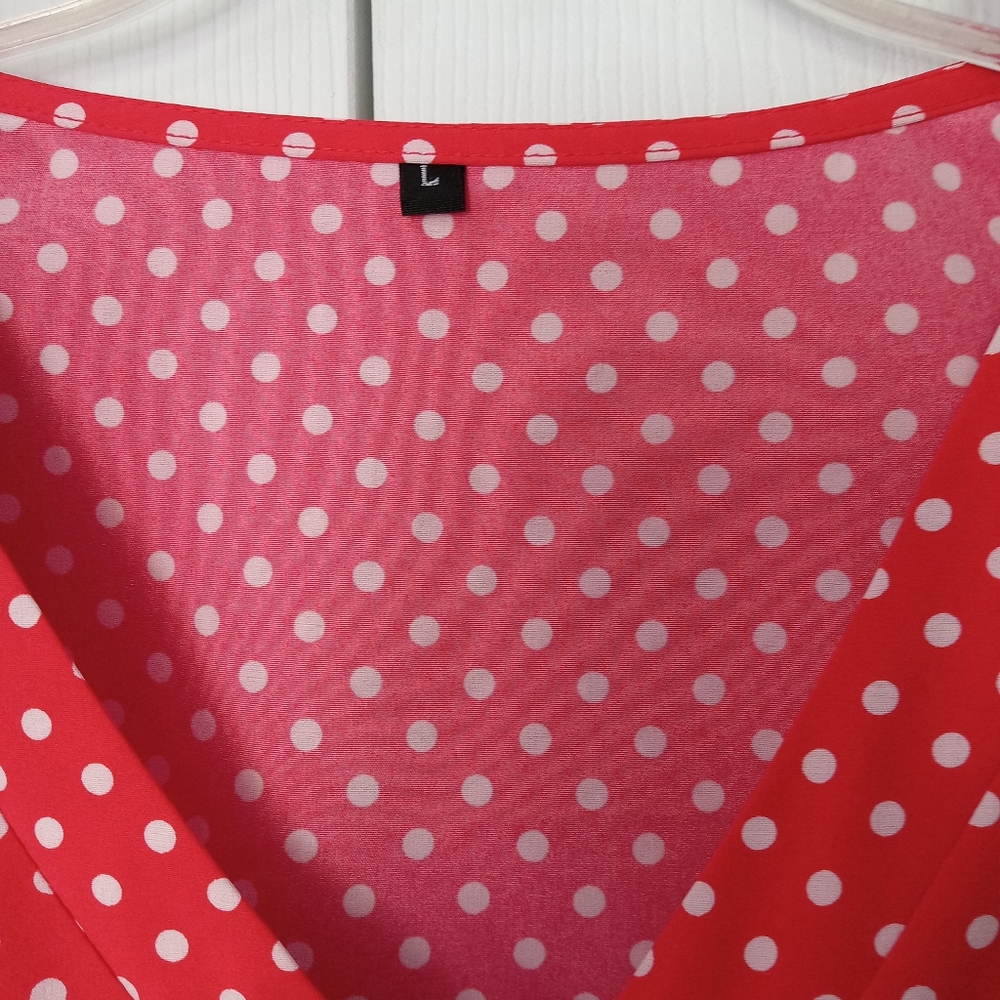 Polka Dot Dress Red A Line Button Up V Neck Midi Ties Large - Picture 5 of 8
